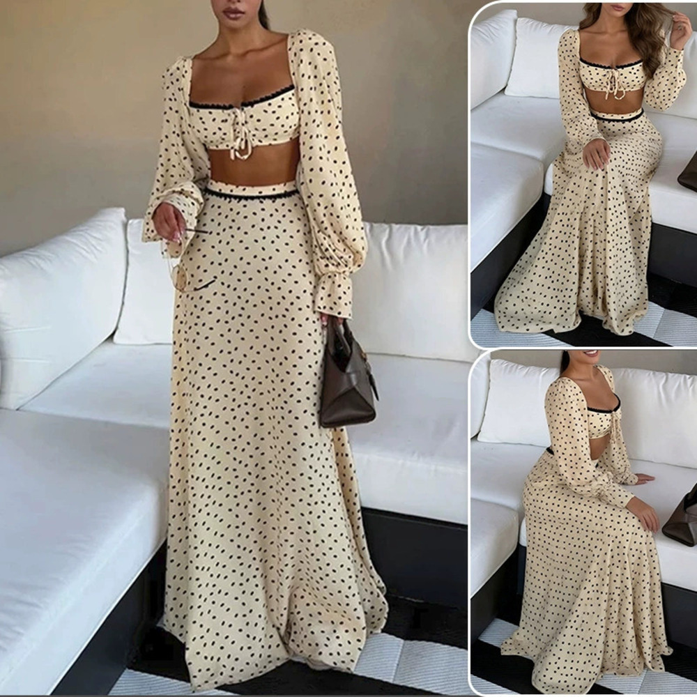 H&M Elegant Sexy Fall Polka Dot Crop Top Flared Skirt Two Piece Set